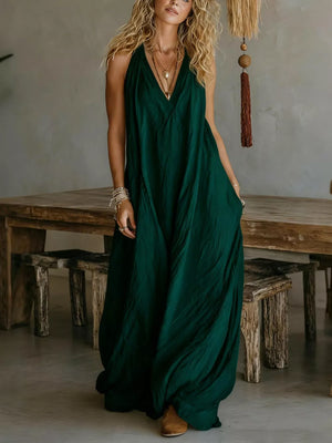 blush pink maxi dress with flowy and sleeveless