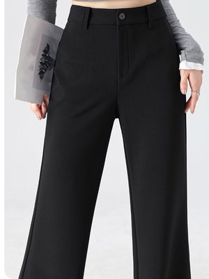 black trousers with full-length and button and zip-front