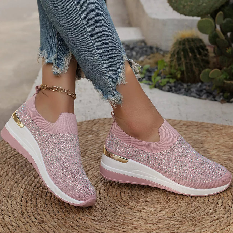 Rhinestone Round Toe Slip-ons in Orange with rhinestone embellishment