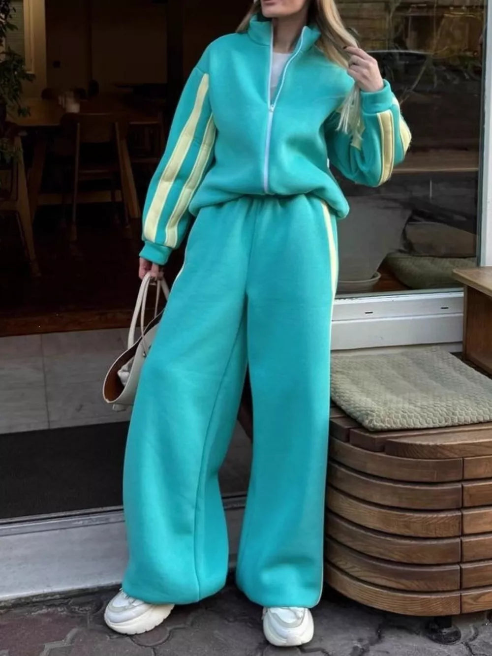 teal lounge set with striped and mock neck