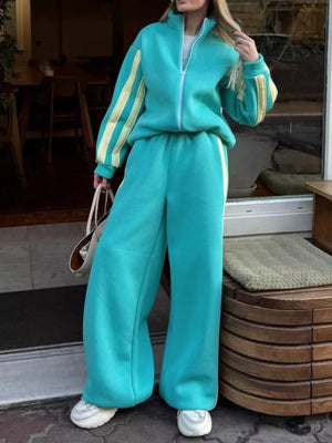 teal lounge set with striped and mock neck