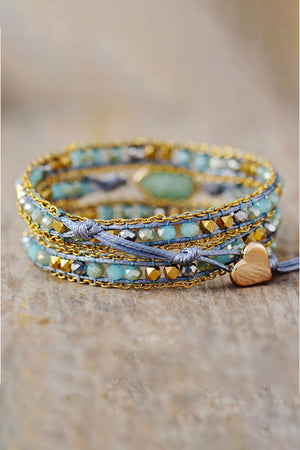 Aqua beaded wrap bracelet with gold chain and heart charm