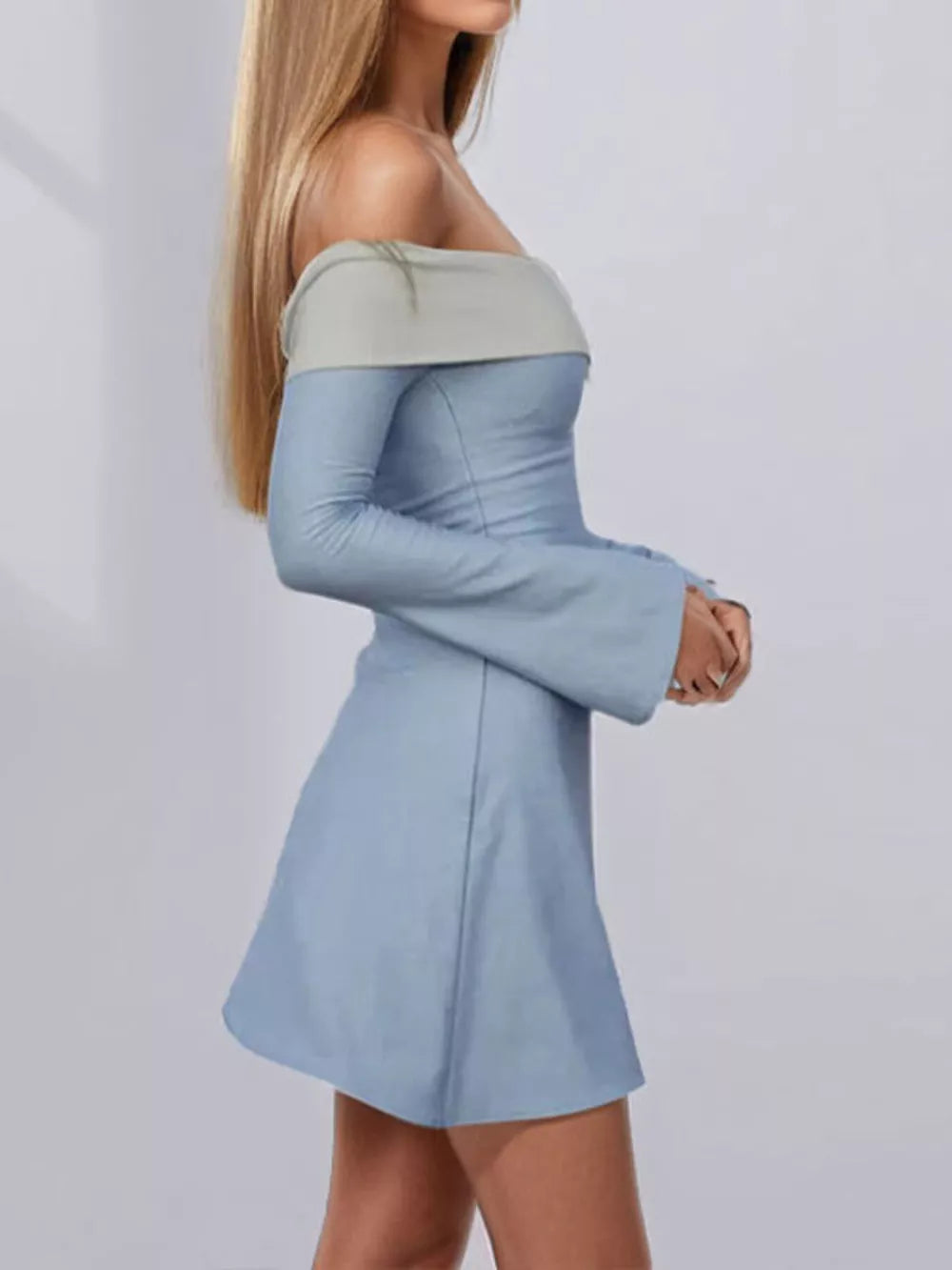 Light blue off-shoulder dress with flare sleeves and a-line skirt