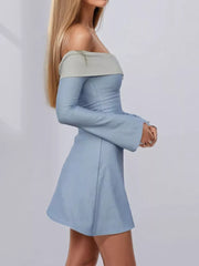 Light blue off-shoulder dress with flare sleeves and a-line skirt