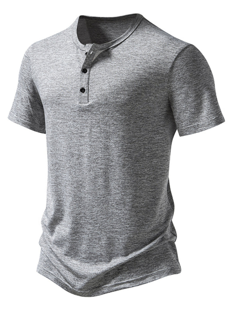 Men's light gray mélange cotton slim fit henley tee with curved hem
