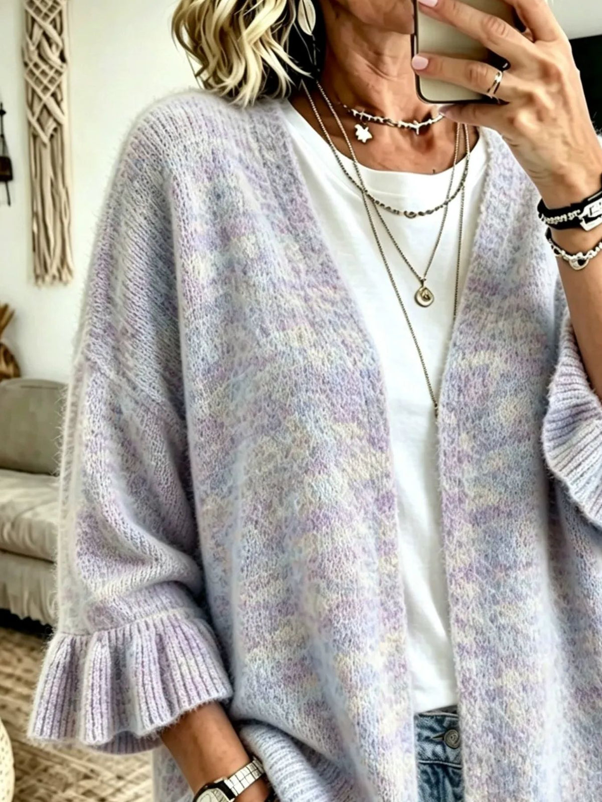 Light purple marled knit cardigan with ruffled cuffs