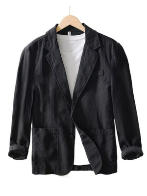 Black long sleeve blazer with lapel collar, two front pockets, and a single button closure, styled over a white t-shirt.