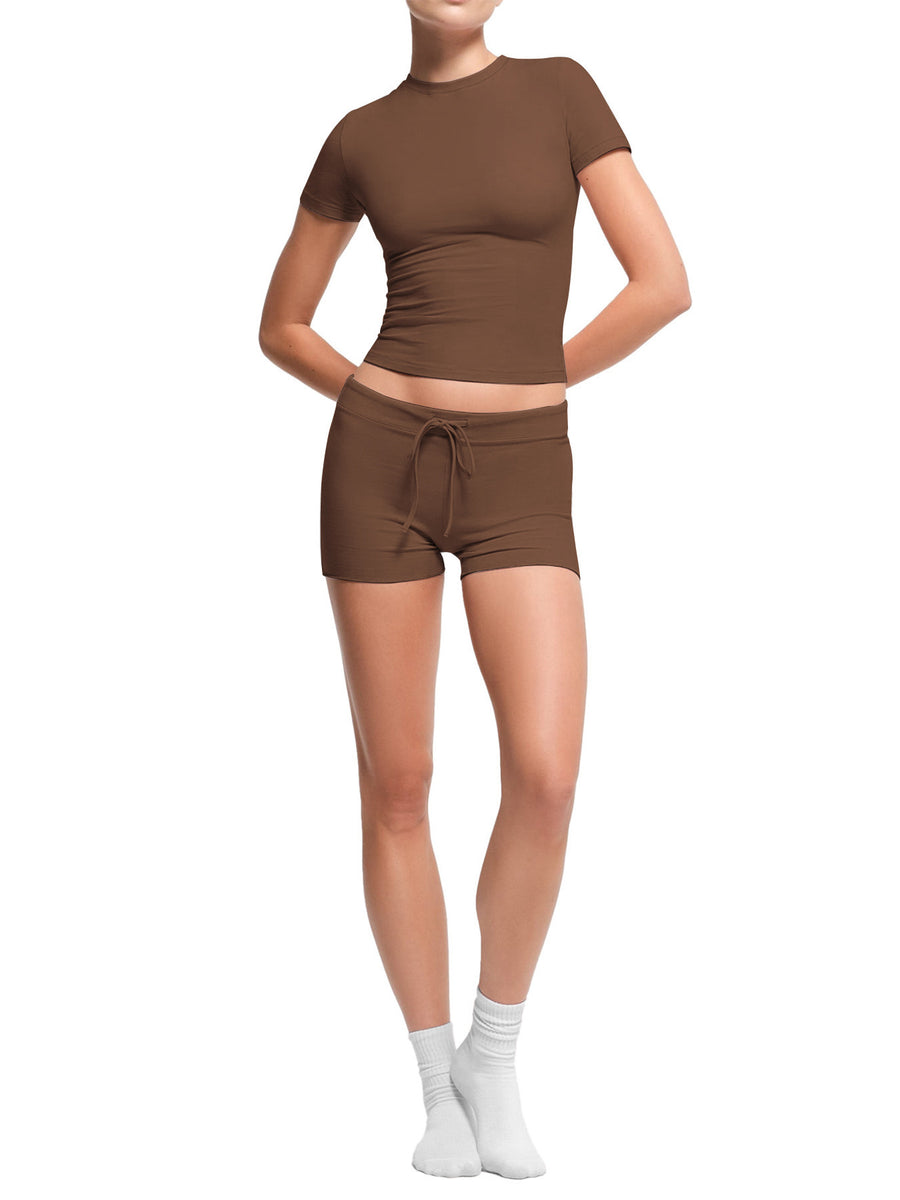 100% polyester Care instructions: Machine wash cold lounge set in Light Gray with fitted silhouette