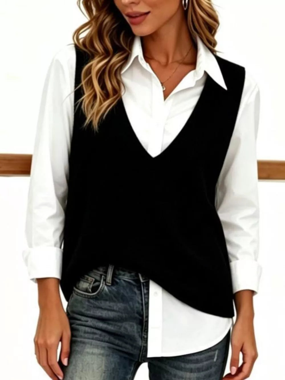 White Chic V-neck Sleeveless Knit Sweater Vest Plus Size