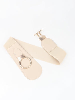 Cream elastic belt with gold ring and buckle hardware