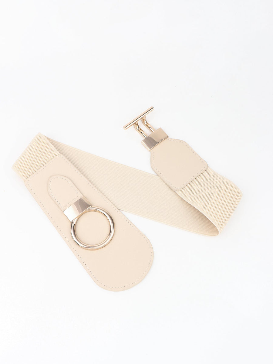 Cream elastic belt with gold ring and buckle hardware