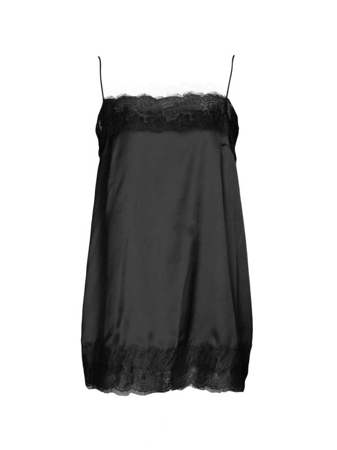 Black satin cami top with lace trim at neckline and hem.