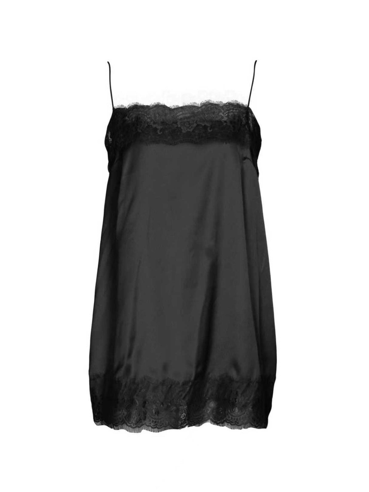 Black satin cami top with lace trim at neckline and hem.