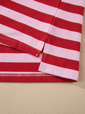 Stripe split v-neck t-shirt in red and pink cotton blend with side slits.