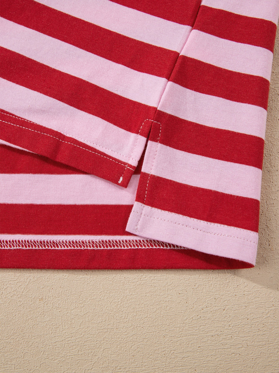 Stripe split v-neck t-shirt in red and pink cotton blend with side slits.