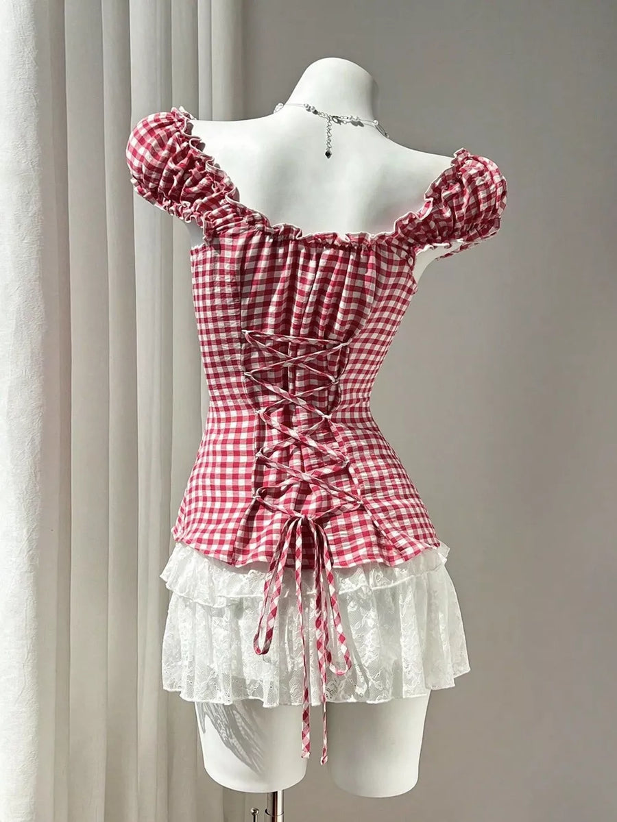 Frill Gingham Cap Sleeve Blouse option 3