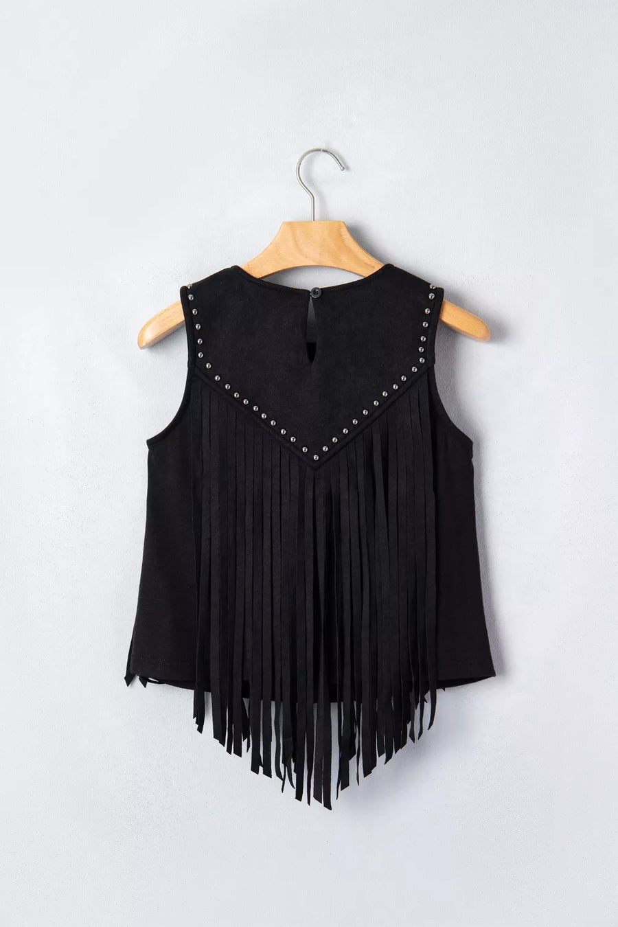 Black sleeveless tank top with rhinestone embellishments and fringe detail