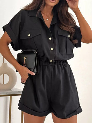 Black Button Front Short Sleeve Shirt And Shorts Set