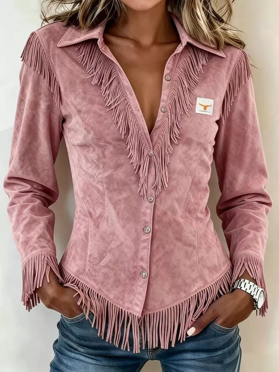 Full Size Fringed Collared Neck Shirt Plus Size in Pink, view 11