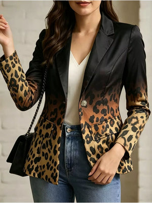 Chic ombre leopard print blazer with button front and notched lapels.