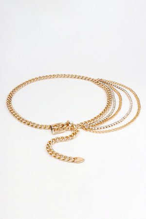 Gold layered chain belt with rhinestone embellishments and a buckle closure.