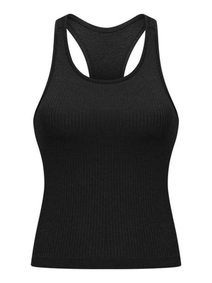 Black ribbed racerback tank top with a scoop neckline.