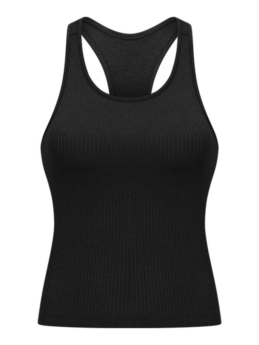 Black ribbed racerback tank top with a scoop neckline.