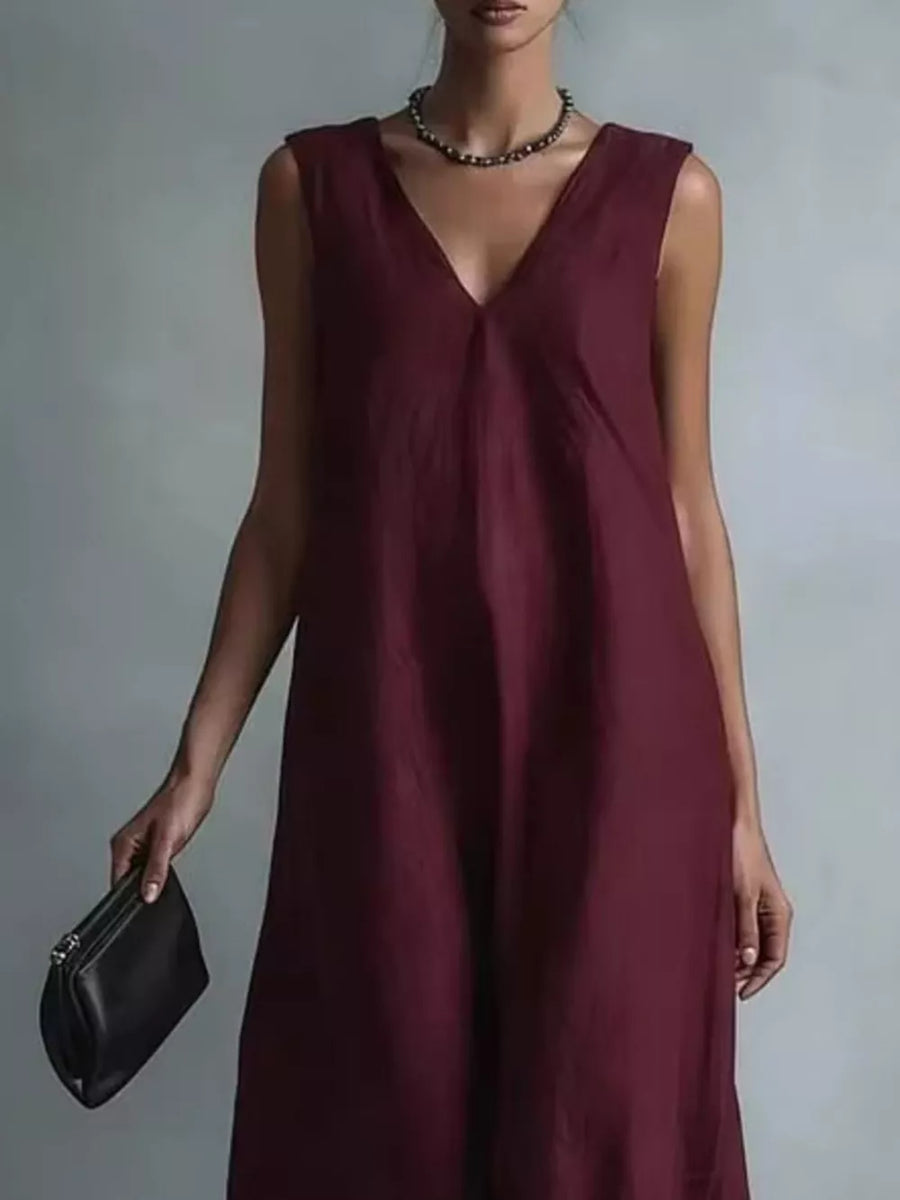Full Size V-neck Sleeveless Maxi Dress in Beige