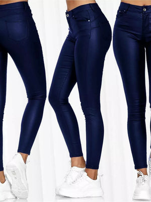 Blue high-waisted faux-leather skinny pants with a smooth finish.