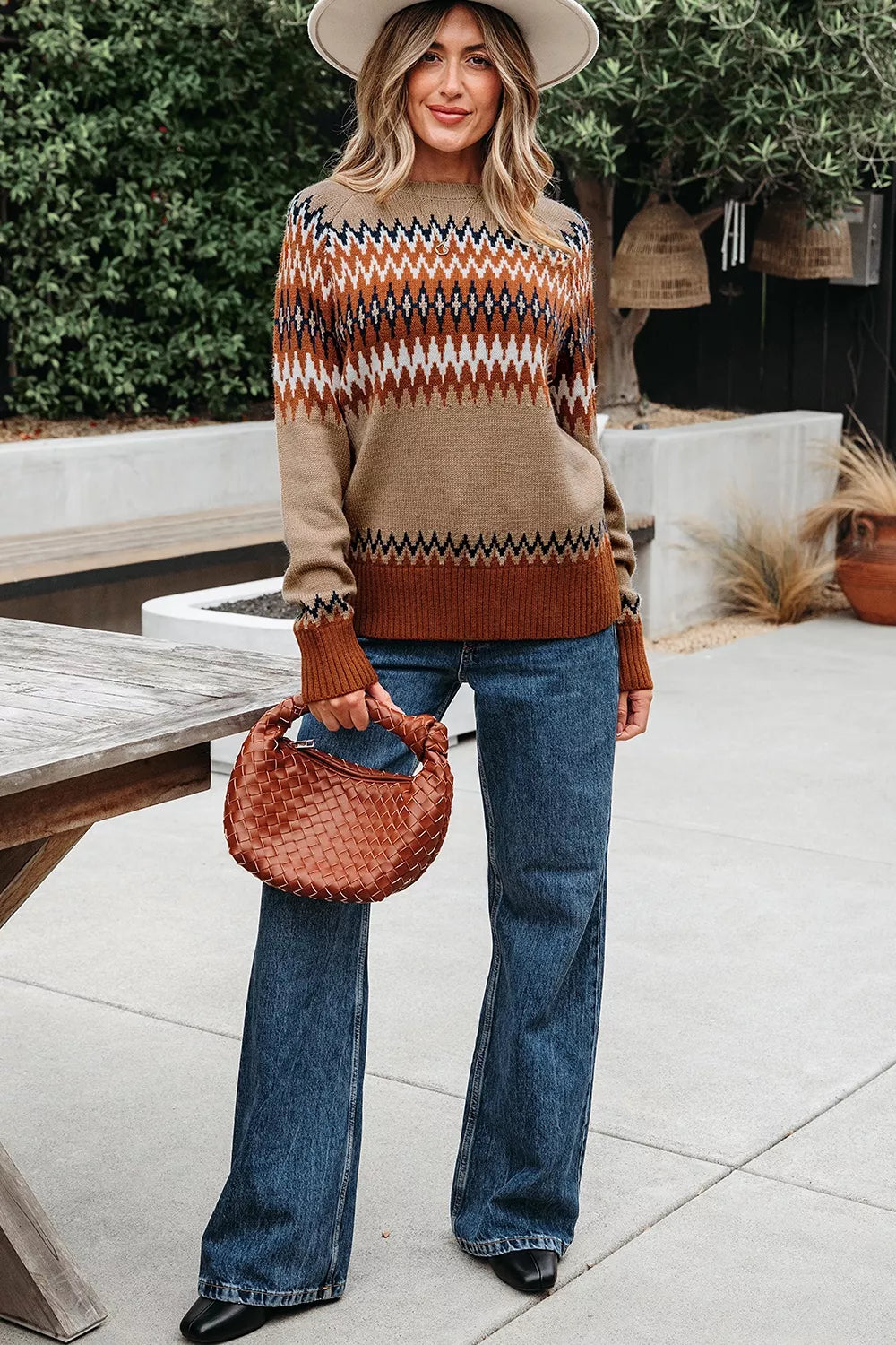 classic pullover sweater in rust with crew neck