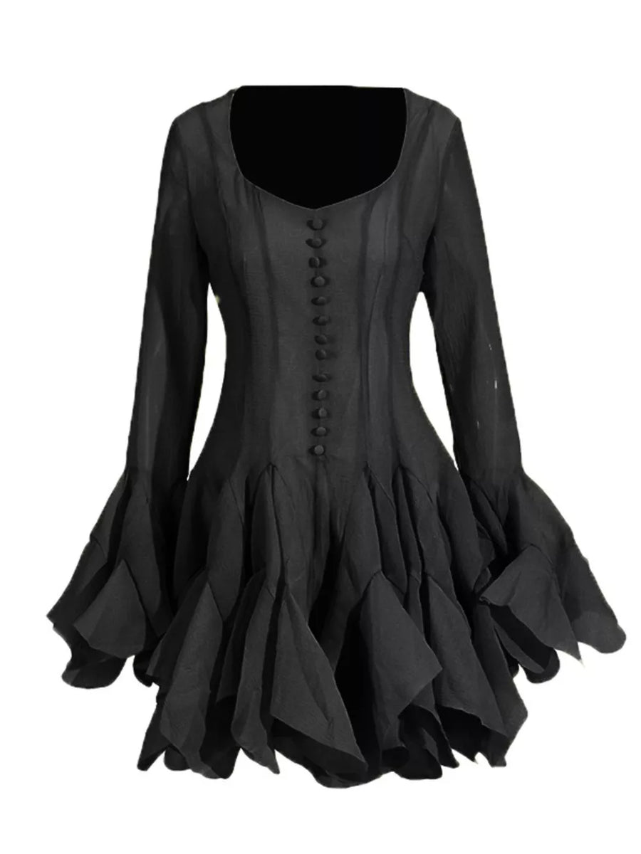Ruffled Flare Sleeve Mini Dress in Black