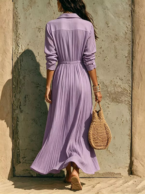 Purple Textured Button Front Long Sleeve Maxi Dress Plus Size