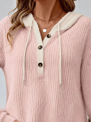 Full Size Drawstring Button Detail Hooded Sweater Plus Size in Khaki with buttoned
