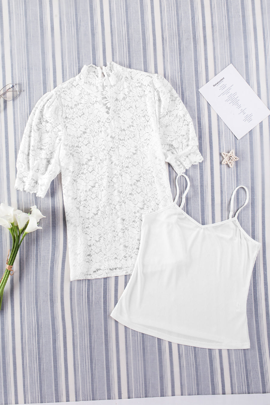 White lace puff sleeve mock neck blouse with cami.