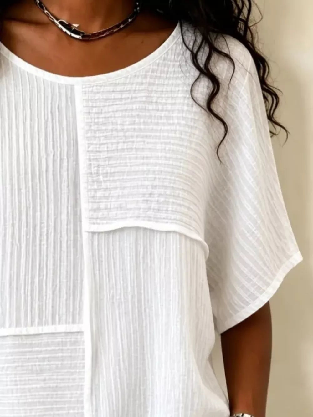Pink Full Size Texture Round Neck Half Sleeve Blouse