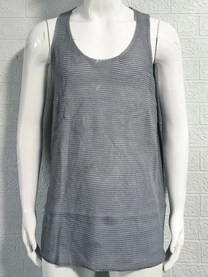 Gray open-knit scoop neck tank top with a subtle horizontal stripe pattern.
