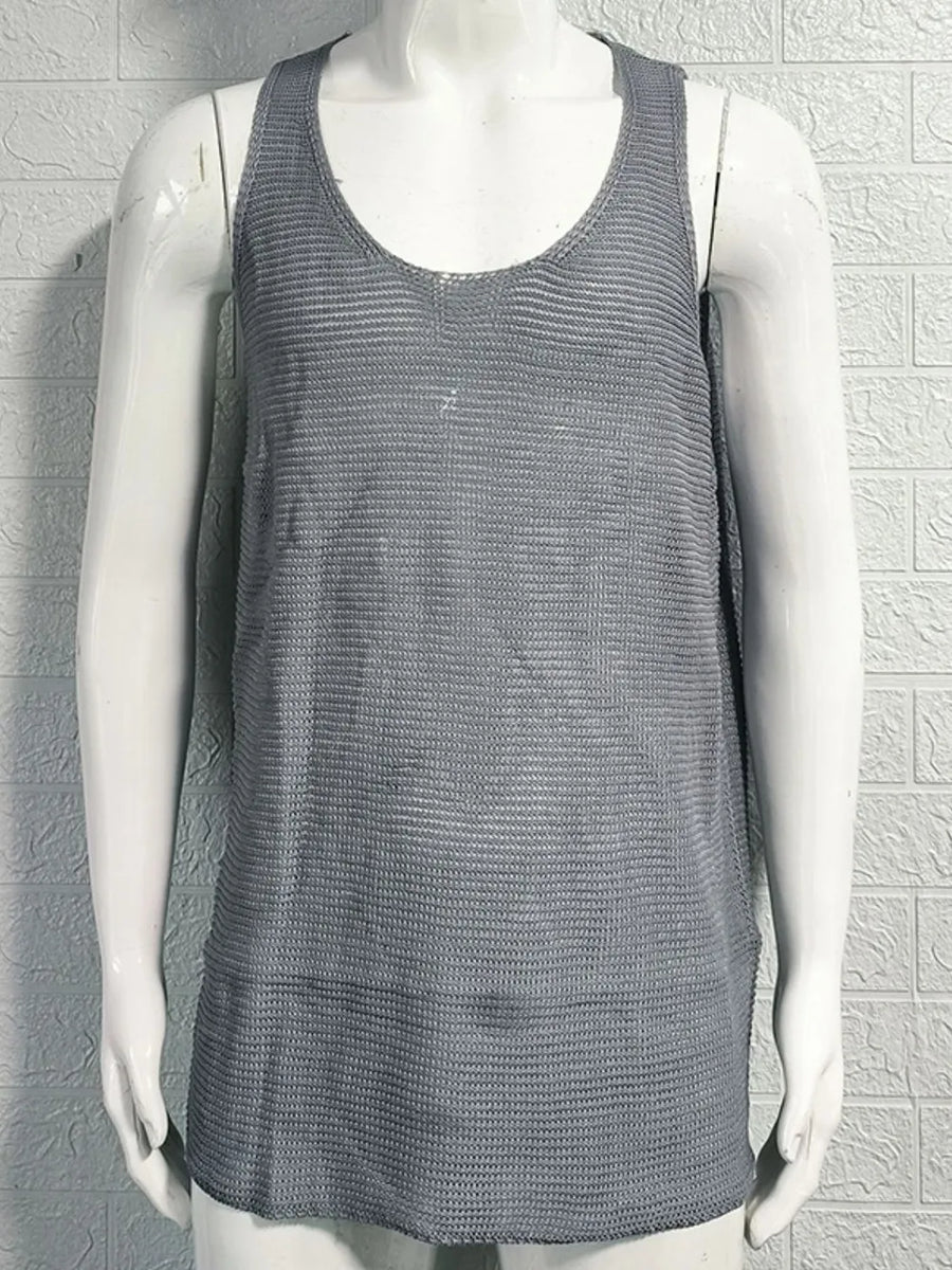 Gray open-knit scoop neck tank top with a subtle horizontal stripe pattern.