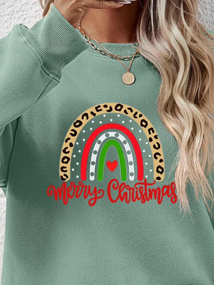 Sage green sweatshirt with rainbow graphic and Merry Christmas text