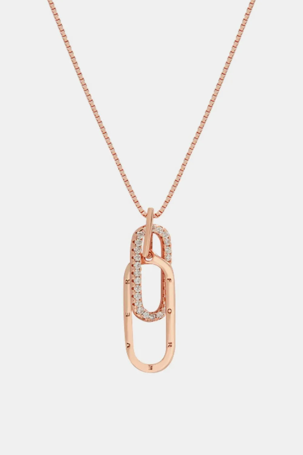 Rose gold linked pendant necklace with cubic zirconia and engraved letters.
