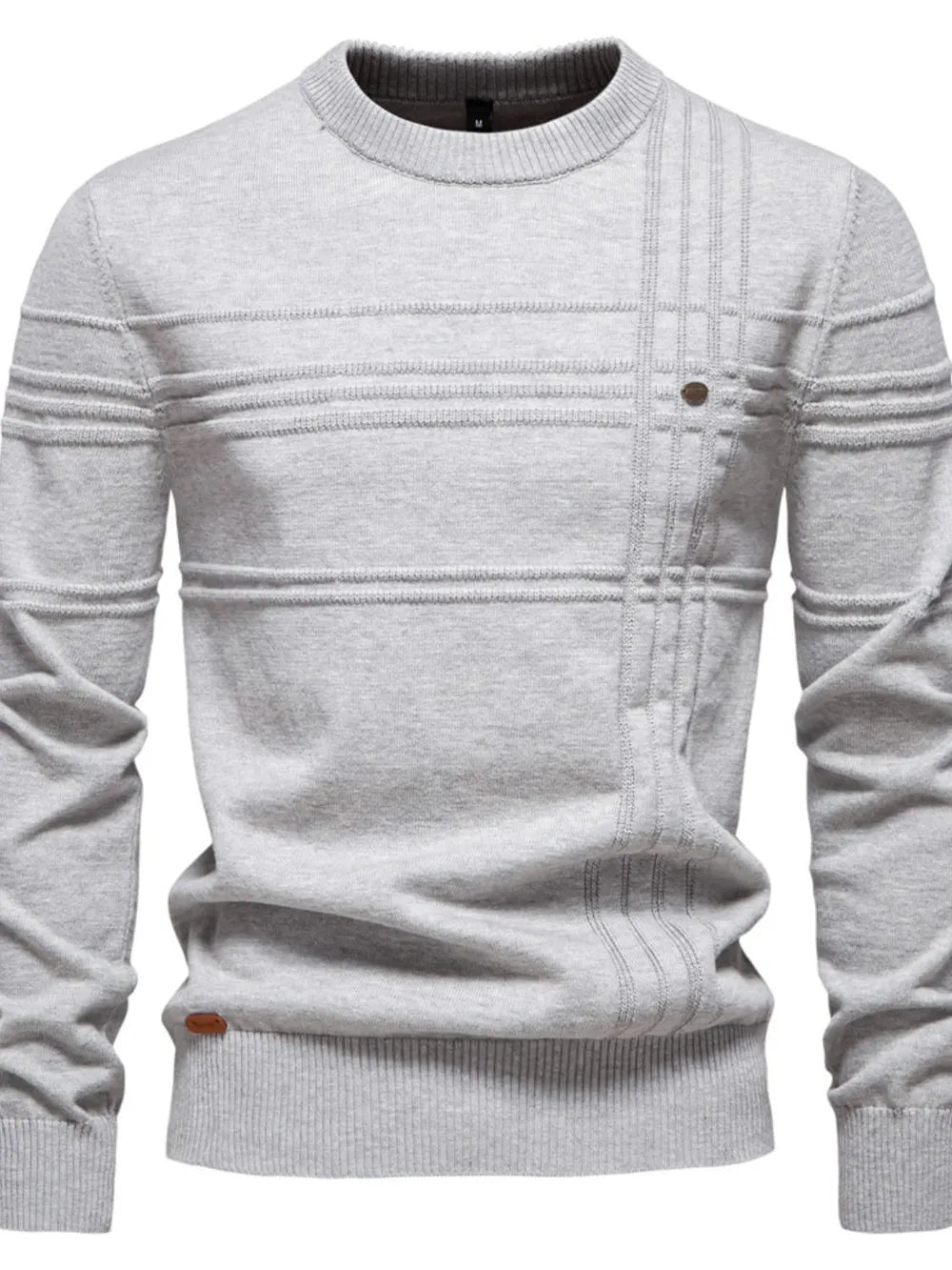 Gray crewneck knit sweater with textured horizontal and vertical panels and a single button detail.