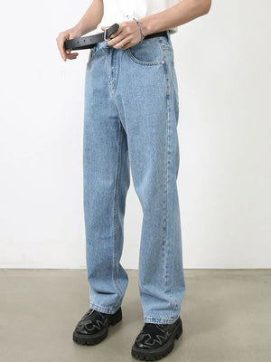 Relaxed-fit light blue denim jeans with subtle seam detail and a straight leg cut.