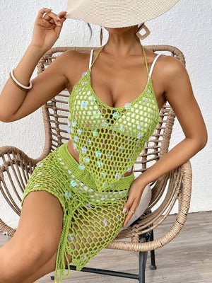Lime crochet cover up set with iridescent sequins, halter neck top and drawstring skirt.