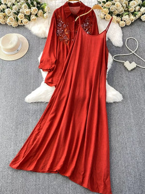 Red embroidered floral collared shirt and cami dress two-piece set