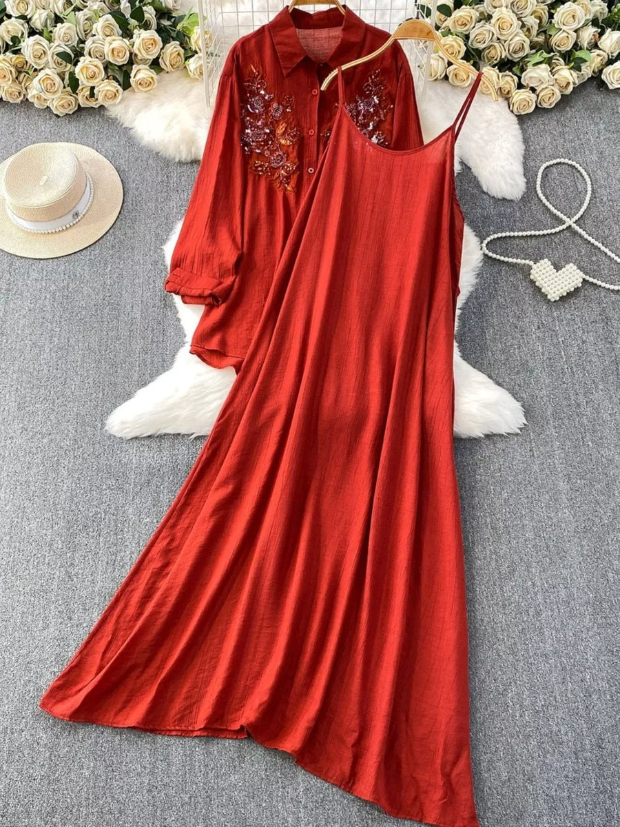 Red embroidered floral collared shirt and cami dress two-piece set