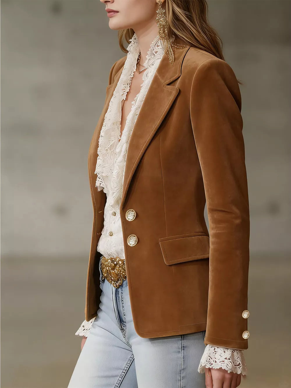 Single-breasted Lapel Collar Blazer in Brown