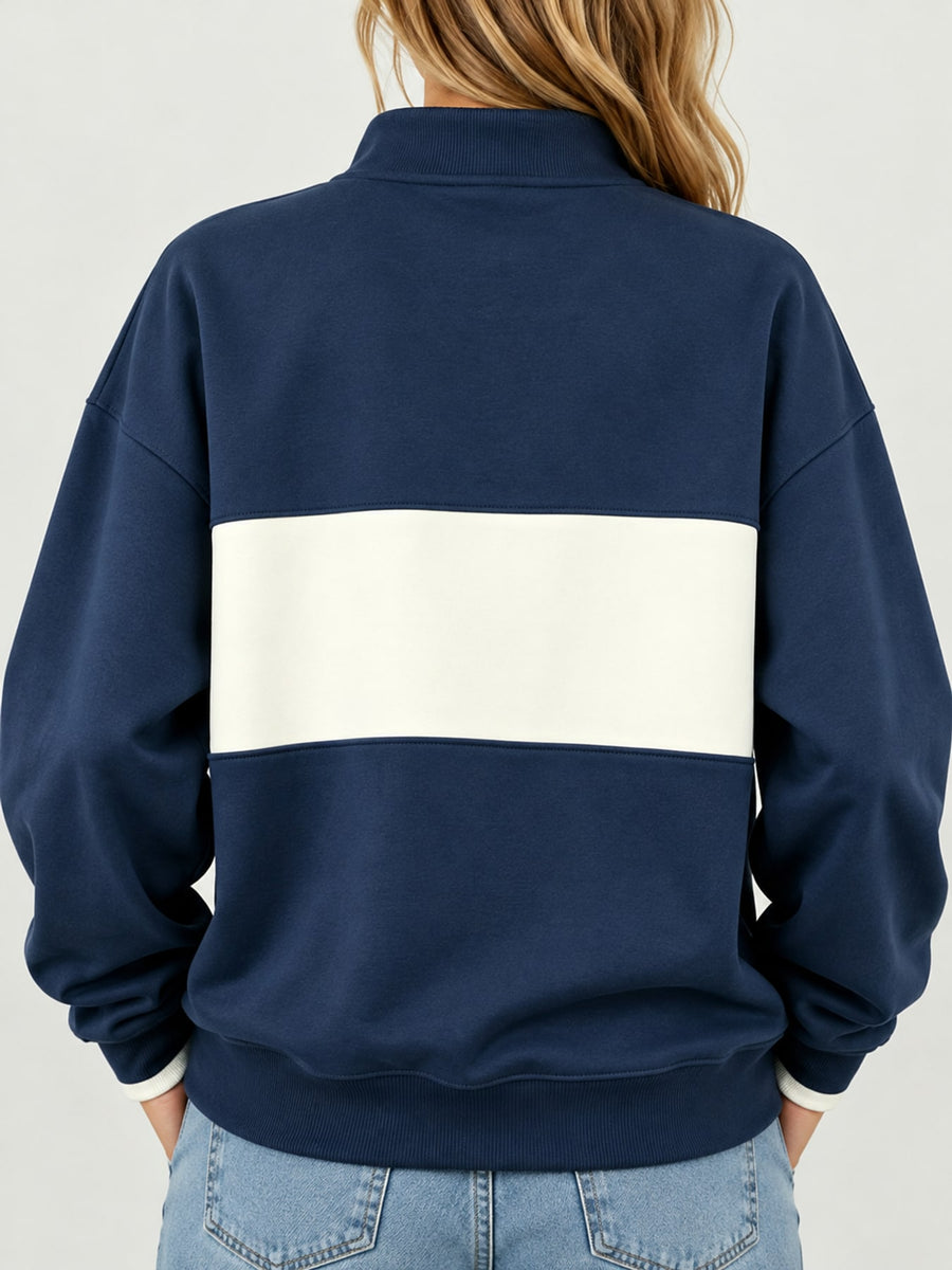 French Blue sweatshirt featuring buttoned and color-block, abstract-print