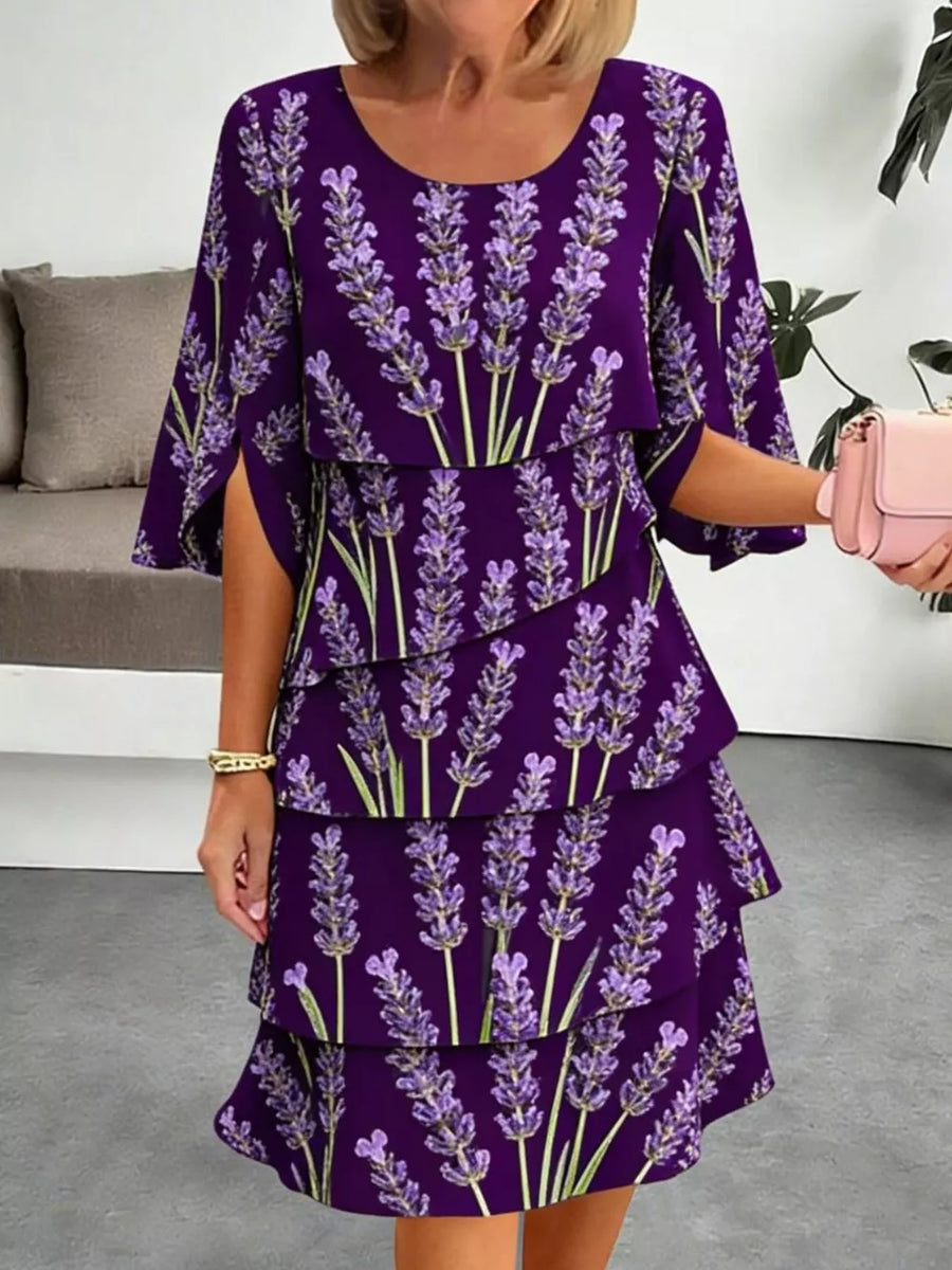Purple floral tiered ruffle hem dress with split sleeves and above-knee length.