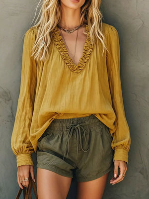 Frill V-neck Long Sleeve Blouse in White, view 13