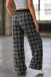 wide-leg pants in Black with plaid and drawstring waist