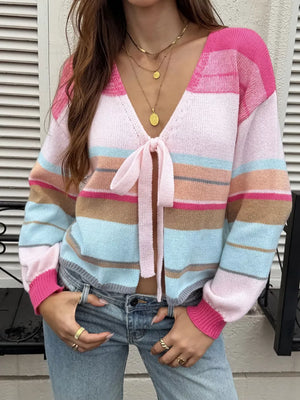 Multicolor with Striped Tie-front Cardigan in Multicolor